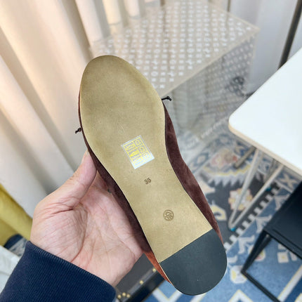 THE ROW 26S BALLET FLATS IN DARK BROWN SUEDE ELASTIC TRIM WITH BOW