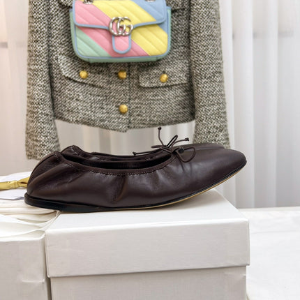 THE ROW 26S BALLET FLATS IN DARK BROWN CALFSKIN ELASTIC TRIM WITH BOW