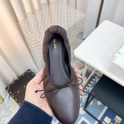 THE ROW 26S BALLET FLATS IN DARK BROWN CALFSKIN ELASTIC TRIM WITH BOW