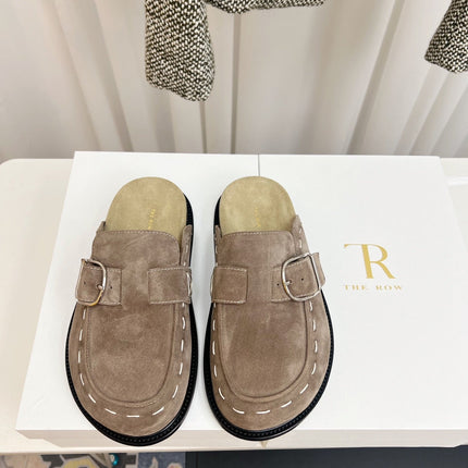 THE ROW 26S BUCKLED MULE CLOGS IN TAUPE BROWN SUEDE