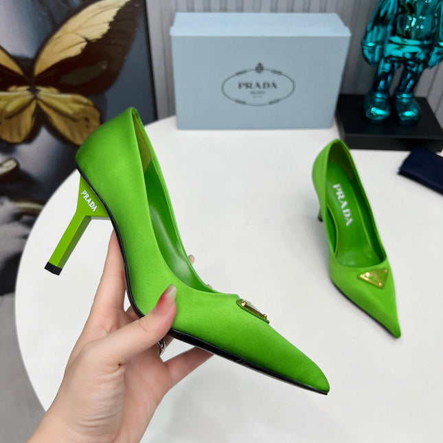 PRADA 26S POINTED TOE PUMPS STILETTO HEEL 80MM IN LIME GREEN SATIN