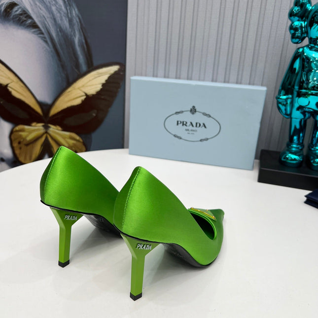 PRADA 26S POINTED TOE PUMPS STILETTO HEEL 80MM IN LIME GREEN SATIN