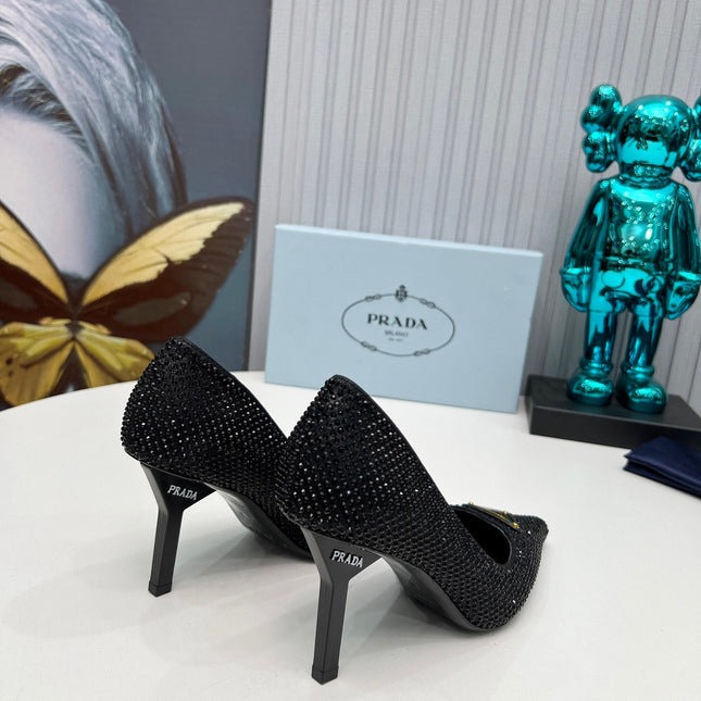 PRADA 26S POINTED TOE PUMPS STILETTO HEEL 80MM IN BLACK CRYSTAL EMBELLISHED