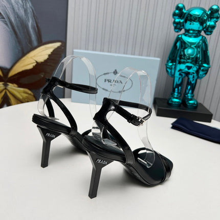PRADA 26S ANKLE STRAP SANDALS STILETTO HEEL 80MM IN BLACK SHINE CALFSKIN