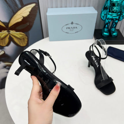 PRADA 26S ANKLE STRAP SANDALS STILETTO HEEL 80MM IN BLACK SATIN