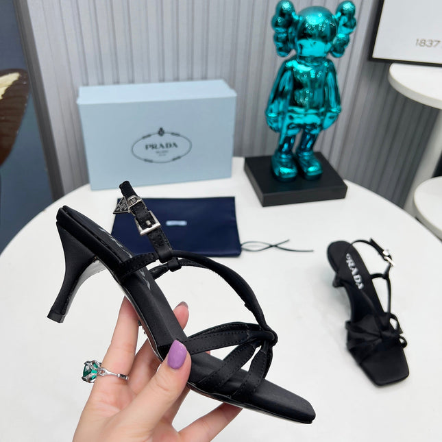 PRADA 26S STRAPPY SANDALS STILETTO HEEL 60MM IN BLACK SATIN