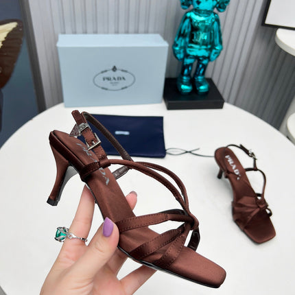 PRADA 26S STRAPPY SANDALS STILETTO HEEL 60MM IN DARK BROWN SATIN