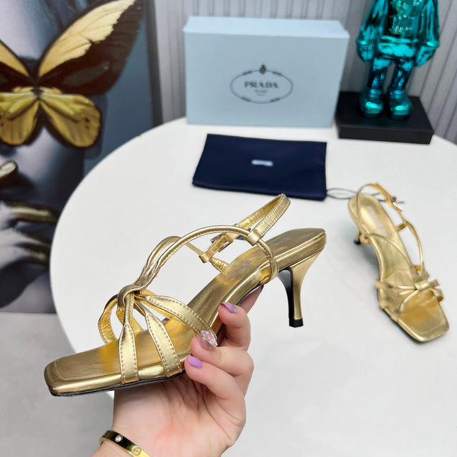 PRADA 26S STRAPPY SANDALS STILETTO HEEL 60MM IN GOLD CALFSKIN