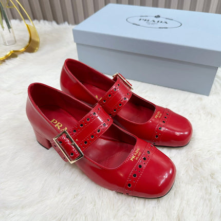 PRADA 26S SQUARE TOE STUDDED SLINGBACK BLOCK HEEL 40MM IN DARK RED PATENT CALFSKIN