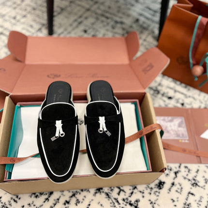 Loro Piana Black White Suede Charms Walk Flat Mules