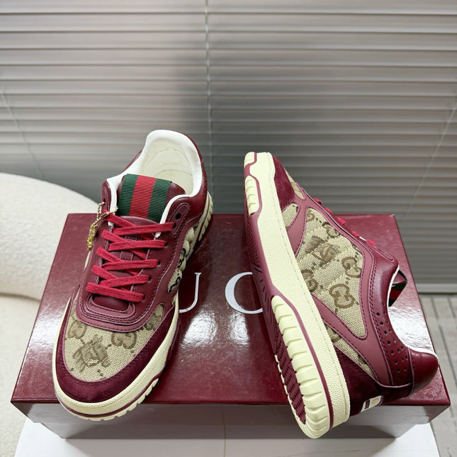 GUCCI 26S MAC80 SNEAKER IN BEIGE CANVAS AND DARK RED LEATHER