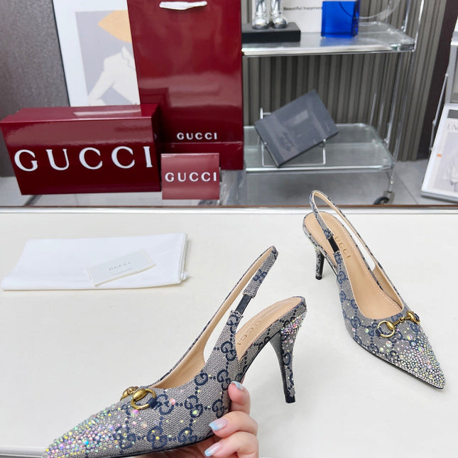 HORSEBIT SLINGBACKS IN DOVE GRAY MONOGRAM FABRIC WITH CRYSTALS