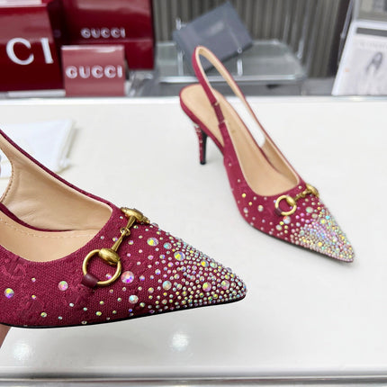 HORSEBIT SLINGBACKS IN CHERRY RED MONOGRAM FABRIC WITH CRYSTALS