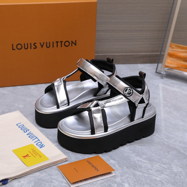 LV 26S CHAMELEON PLATFORM SANDALS 60MM IN SILVER CALFSKIN AND EVA