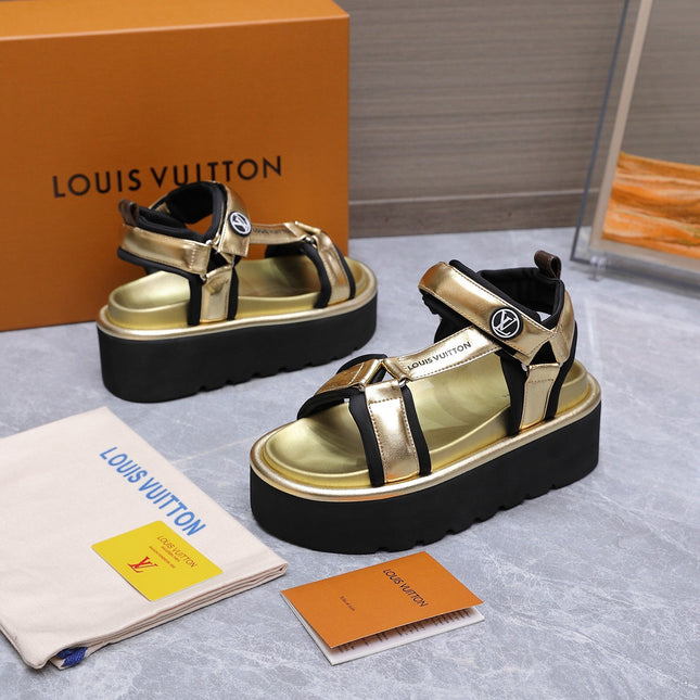 LV 26S CHAMELEON PLATFORM SANDALS 60MM IN GOLD CALFSKIN AND EVA