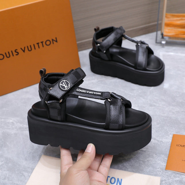 LV 26S CHAMELEON PLATFORM SANDALS 60MM IN BLACK DAMIER CHECKER CALFSKIN AND EVA