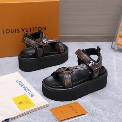 LV 26S CHAMELEON PLATFORM SANDALS 60MM IN DARK BROWN MONOGRAM CALFSKIN AND EVA