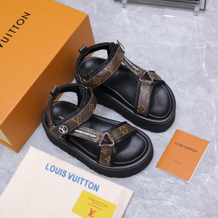 LV 26S CHAMELEON PLATFORM SANDALS 60MM IN DARK BROWN MONOGRAM CALFSKIN AND EVA