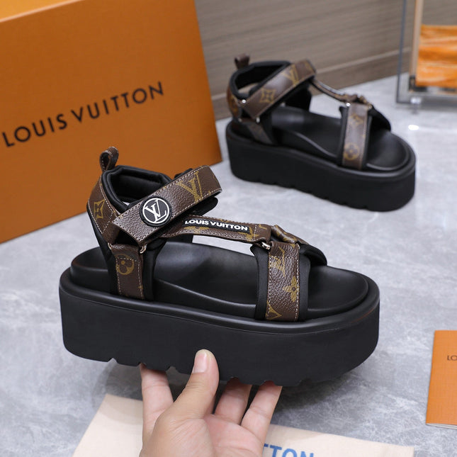 LV 26S CHAMELEON PLATFORM SANDALS 60MM IN DARK BROWN MONOGRAM CALFSKIN AND EVA