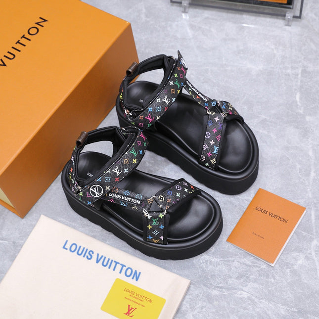 LV 26S CHAMELEON PLATFORM SANDALS 60MM IN BLACK MULTICOLOR MONOGRAM CALFSKIN AND EVA