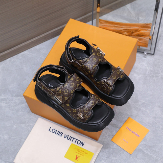 LV 26S CHAMELEON SANDALS 60MM IN DARK BROWN MONOGRAM COATED CALFSKIN AND EVA