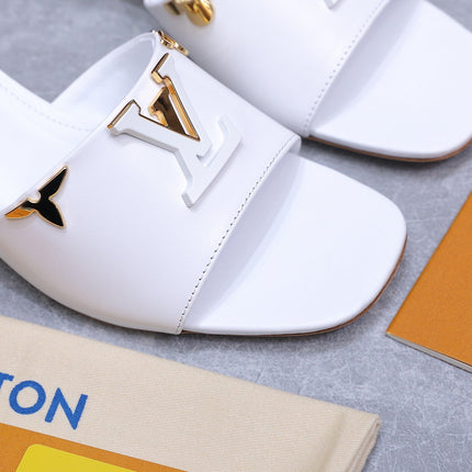 LV 26S BLOCK HEEL MULE SANDALS 55MM IN WHITE CALFSKIN GOLD HARDWARE