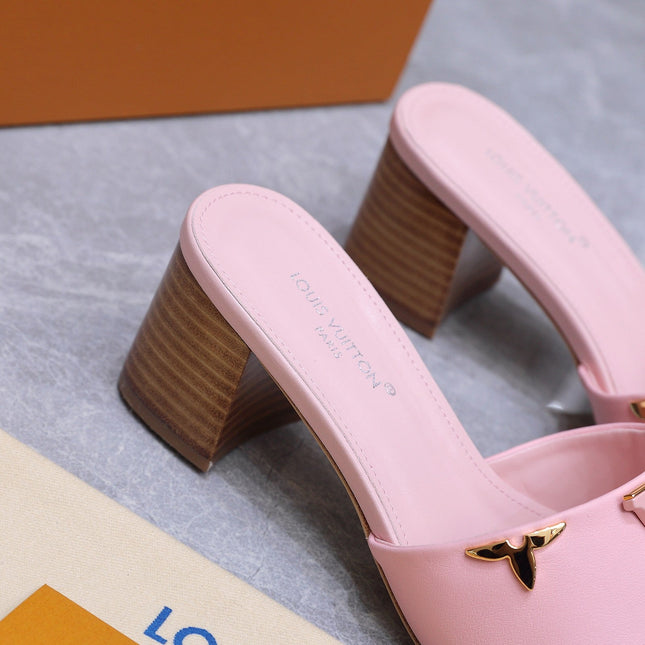 LV 26S BLOCK HEEL MULE SANDALS 55MM IN PINK BABY CALFSKIN GOLD HARDWARE