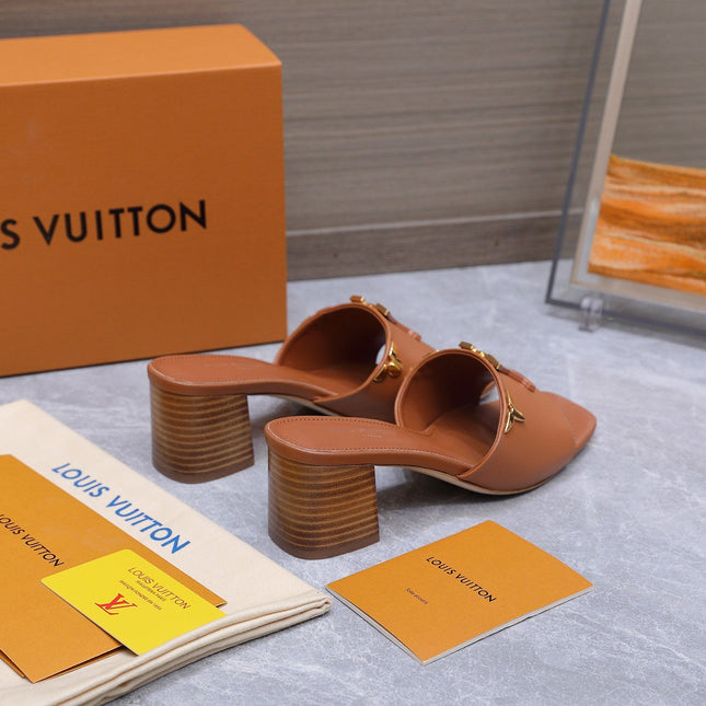 LV 26S BLOCK HEEL MULE SANDALS 55MM IN ORANGE BROWN CALFSKIN GOLD HARDWARE