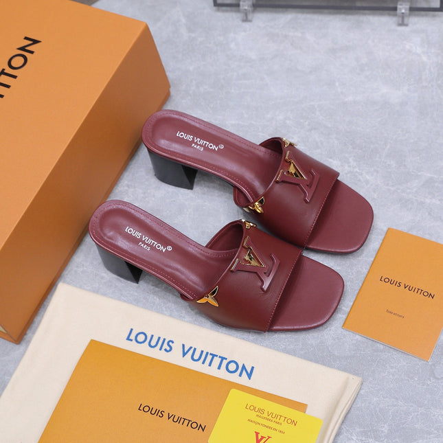 LV 26S BLOCK HEEL MULE SANDALS 55MM IN WINE RED CALFSKIN GOLD HARDWARE