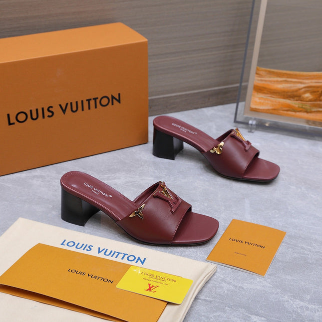 LV 26S BLOCK HEEL MULE SANDALS 55MM IN WINE RED CALFSKIN GOLD HARDWARE