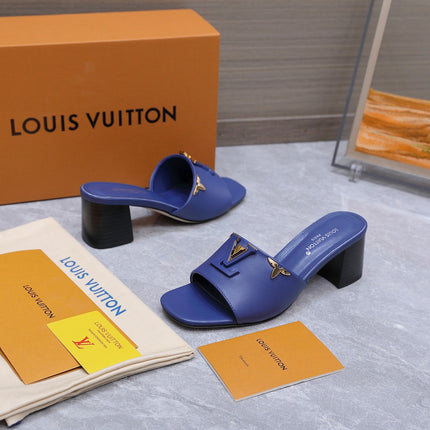 LV 26S BLOCK HEEL MULE SANDALS 55MM IN DARK BLUE CALFSKIN GOLD HARDWARE