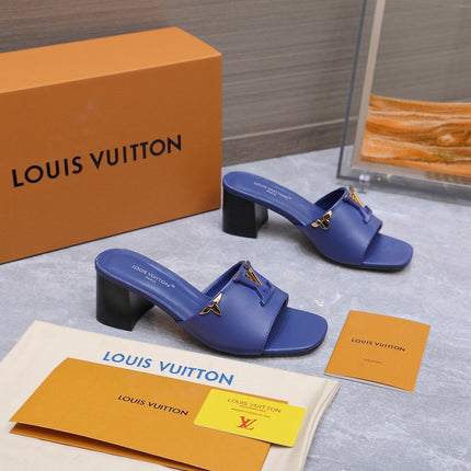 LV 26S BLOCK HEEL MULE SANDALS 55MM IN DARK BLUE CALFSKIN GOLD HARDWARE