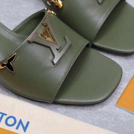 LV 26S BLOCK HEEL MULE SANDALS 55MM IN OLIVE GREEN CALFSKIN GOLD HARDWARE