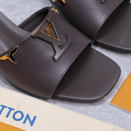LV 26S BLOCK HEEL MULE SANDALS 55MM IN DARK BROWN CALFSKIN GOLD HARDWARE