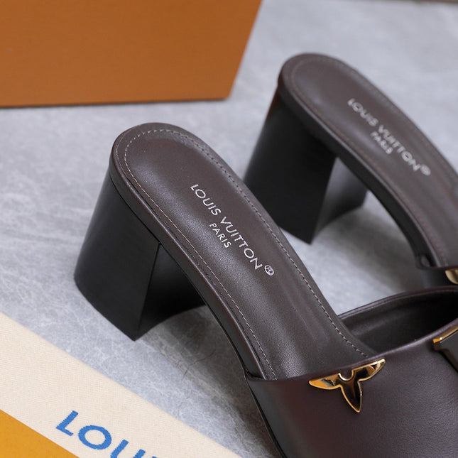 LV 26S BLOCK HEEL MULE SANDALS 55MM IN DARK BROWN CALFSKIN GOLD HARDWARE