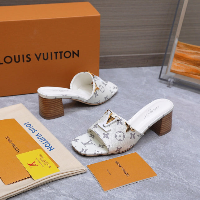 LV 26S BLOCK HEEL MULE SANDALS 55MM IN WHITE MONOGRAM CALFSKIN GOLD HARDWARE