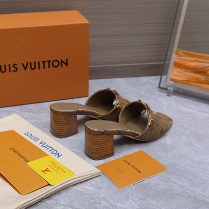 LV 26S BLOCK HEEL MULE SANDALS 55MM IN BROWN MONOGRAM CALFSKIN GOLD HARDWARE