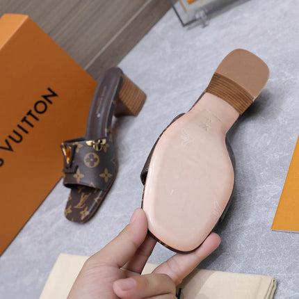 LV 26S BLOCK HEEL MULE SANDALS 55MM IN DARK BROWN MONOGRAM CALFSKIN GOLD HARDWARE
