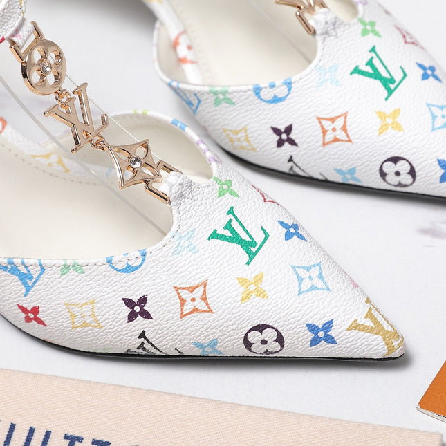 LV 26S ELEGANT T-STRAP HEELS 65MM IN WHITE MULTICOLOR MONOGRAM CALFSKIN GOLD HARDWARE