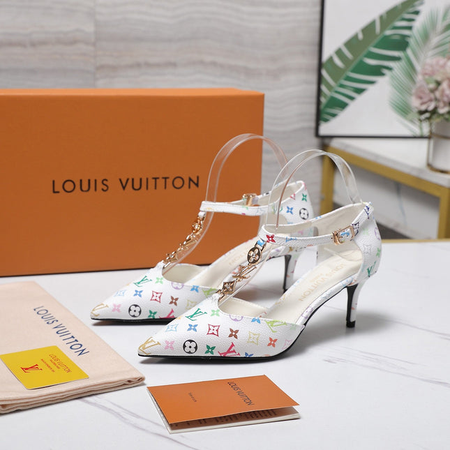 LV 26S ELEGANT T-STRAP HEELS 65MM IN WHITE MULTICOLOR MONOGRAM CALFSKIN GOLD HARDWARE