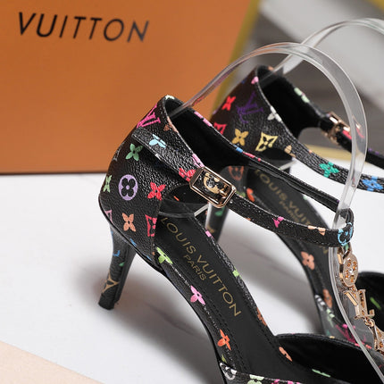 LV 26S ELEGANT T-STRAP HEELS 65MM IN BLACK MULTICOLOR MONOGRAM CALFSKIN GOLD HARDWARE