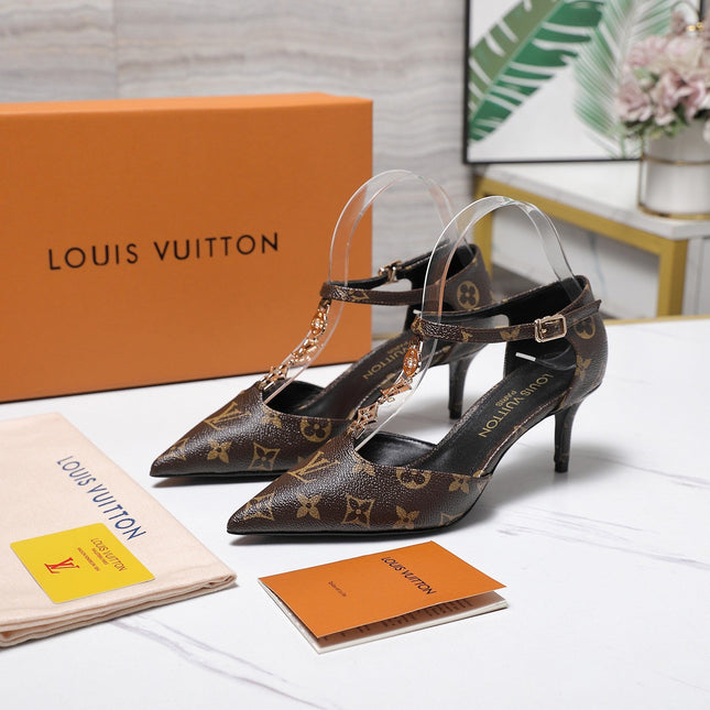 LV 26S ELEGANT T-STRAP HEELS 65MM IN DARK BROWN MONOGRAM CALFSKIN GOLD HARDWARE