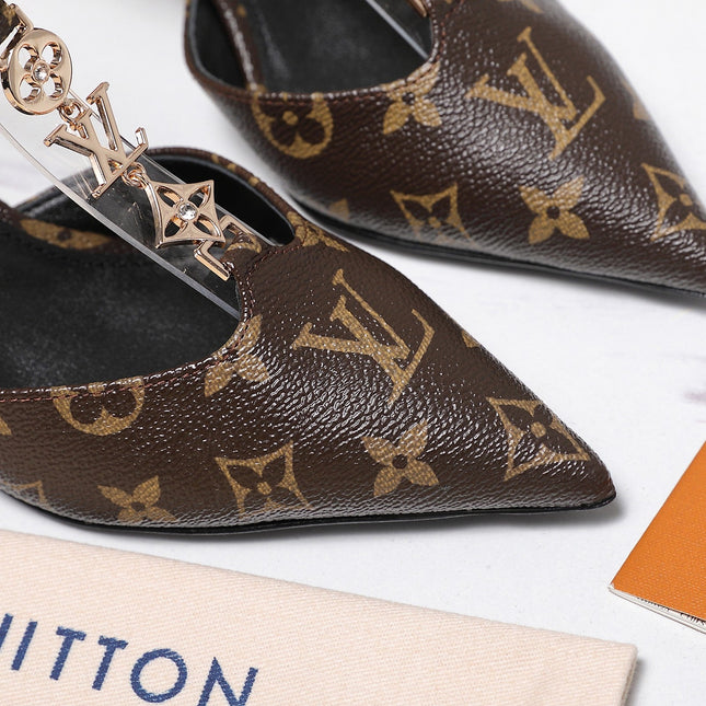 LV 26S ELEGANT T-STRAP HEELS 65MM IN DARK BROWN MONOGRAM CALFSKIN GOLD HARDWARE