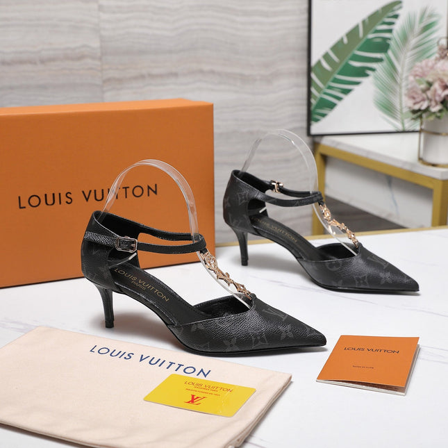LV 26S ELEGANT T-STRAP HEELS 65MM IN BLACK MONOGRAM CALFSKIN GOLD HARDWARE