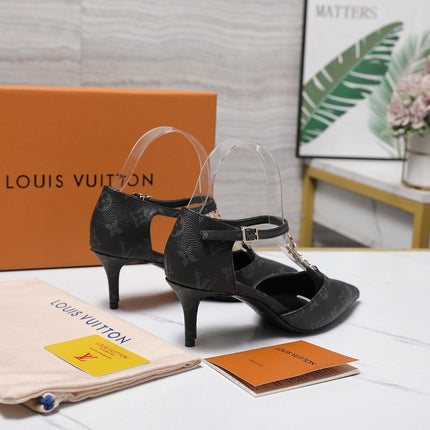 LV 26S ELEGANT T-STRAP HEELS 65MM IN BLACK MONOGRAM CALFSKIN GOLD HARDWARE