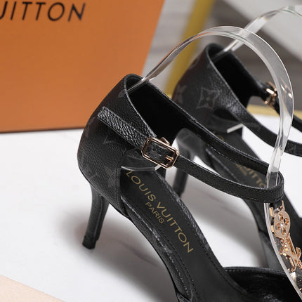 LV 26S ELEGANT T-STRAP HEELS 65MM IN BLACK MONOGRAM CALFSKIN GOLD HARDWARE