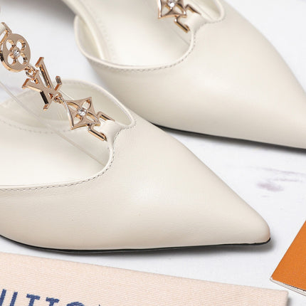 LV 26S ELEGANT T-STRAP HEELS 65MM IN CREAM WHITE CALFSKIN GOLD HARDWARE