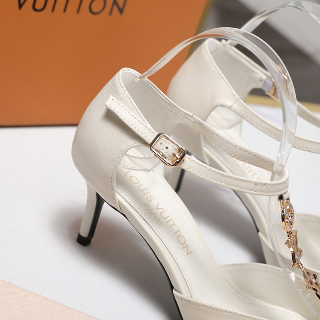LV 26S ELEGANT T-STRAP HEELS 65MM IN CREAM WHITE CALFSKIN GOLD HARDWARE