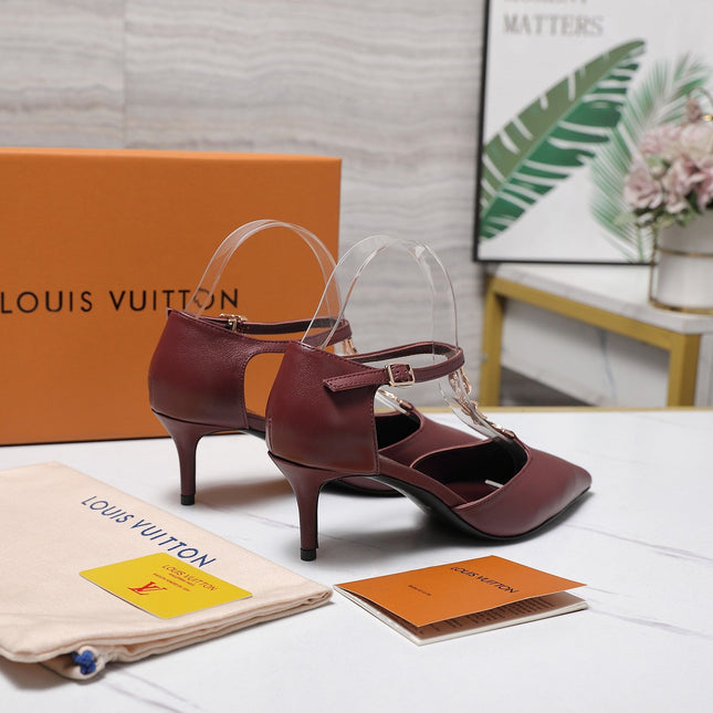 LV 26S ELEGANT T-STRAP HEELS 65MM IN BURGUNDY RED CALFSKIN GOLD HARDWARE