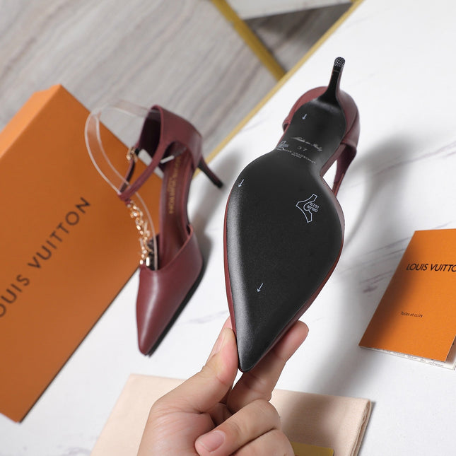LV 26S ELEGANT T-STRAP HEELS 65MM IN BURGUNDY RED CALFSKIN GOLD HARDWARE
